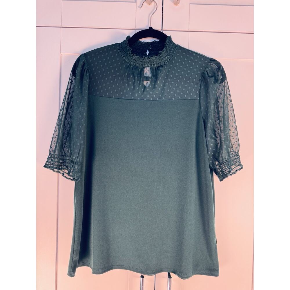 Adrianna Papell Mesh Blouse Green Swiss Dot Sheer Sleeve Mock Neck Top Medium